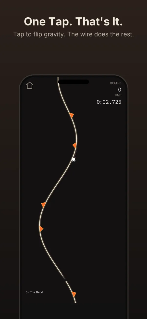 A phone under the heading One Tap. That's It. — a pale wire curving down a near-black screen, the white dot riding it with orange spikes ahead on both sides. The corners read 0 deaths and a running time of 0:02.725.