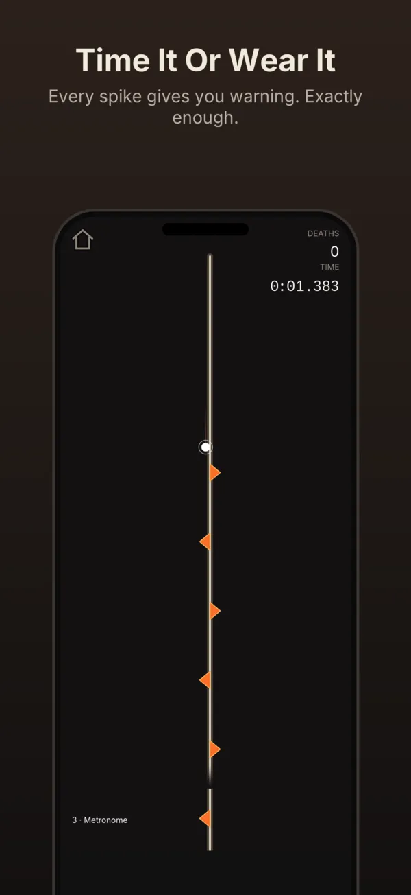 A phone under the heading Time It Or Wear It, with the note: every spike gives you warning, exactly enough. One straight vertical wire runs down the screen with orange spikes alternating on its left and right sides and the dot about to reach them.