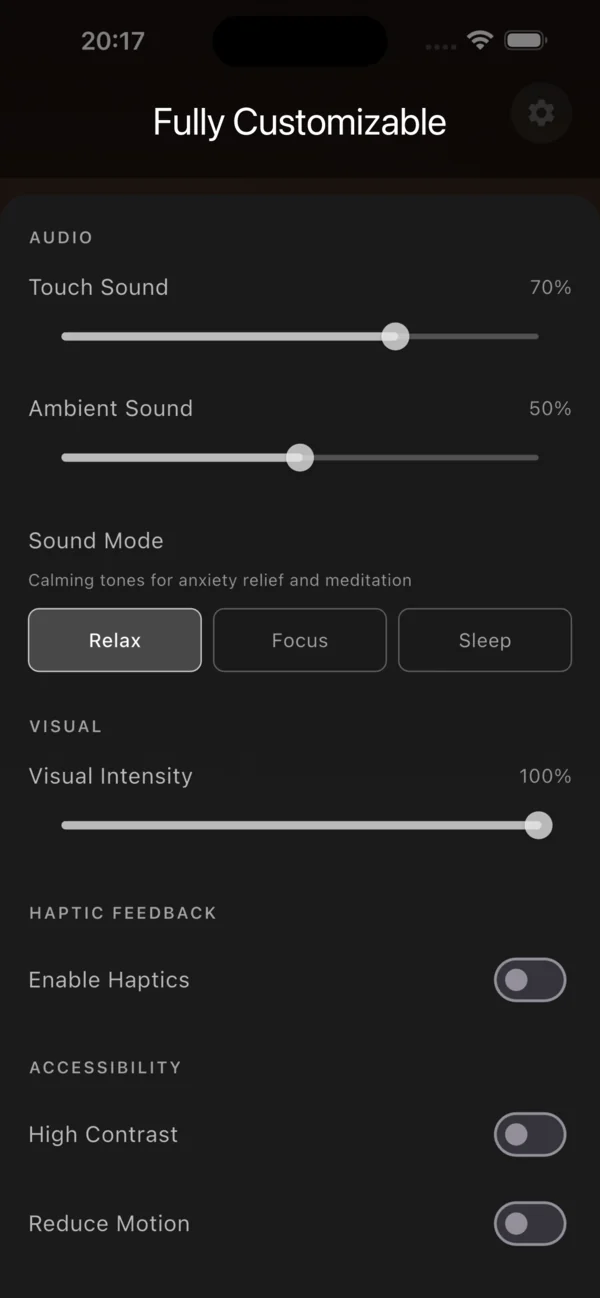 Fully customisable: sliders for touch and ambient volume, sound mode, visual intensity, haptics and accessibility.